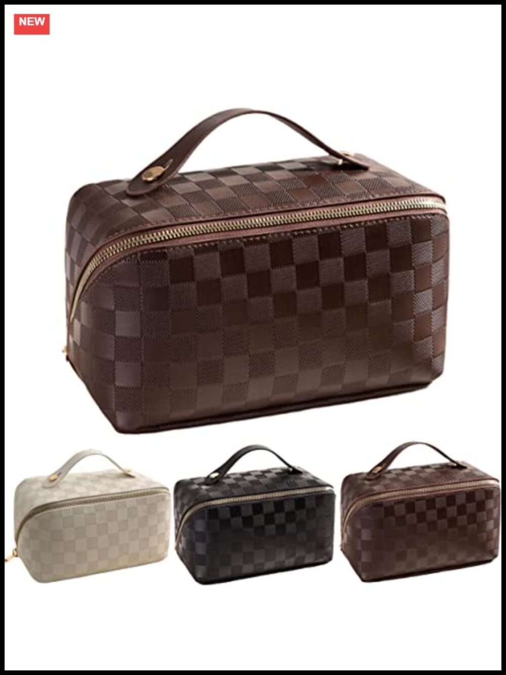 Large Capacity Checkered PU Leather Travel Makeup Organizer Toiletry Bag